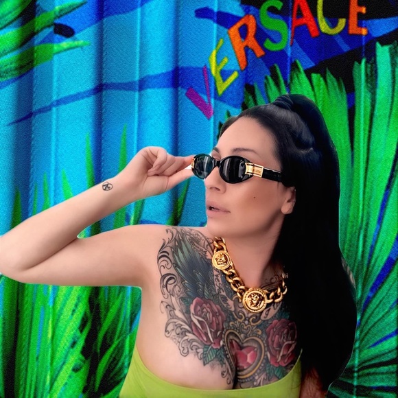 Versace Vintage Neon Lime Green Gold Greek Key Logo One Shoulder Mini Dress - Picture 10 of 11